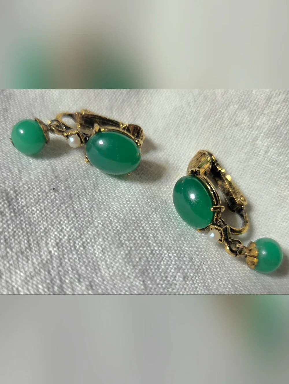Vintage Green Earrings Lot, 1960s Faux Jade Pearl Drops + 1970s Gold Tassel